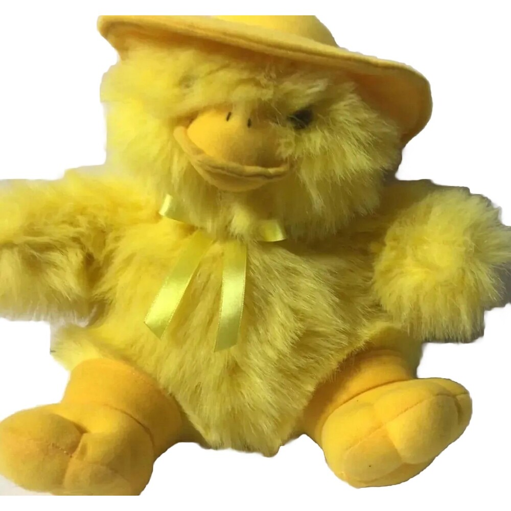 10” Vintage Plushie Porson Puddle Duck yellow ducky  in rain hat and boots